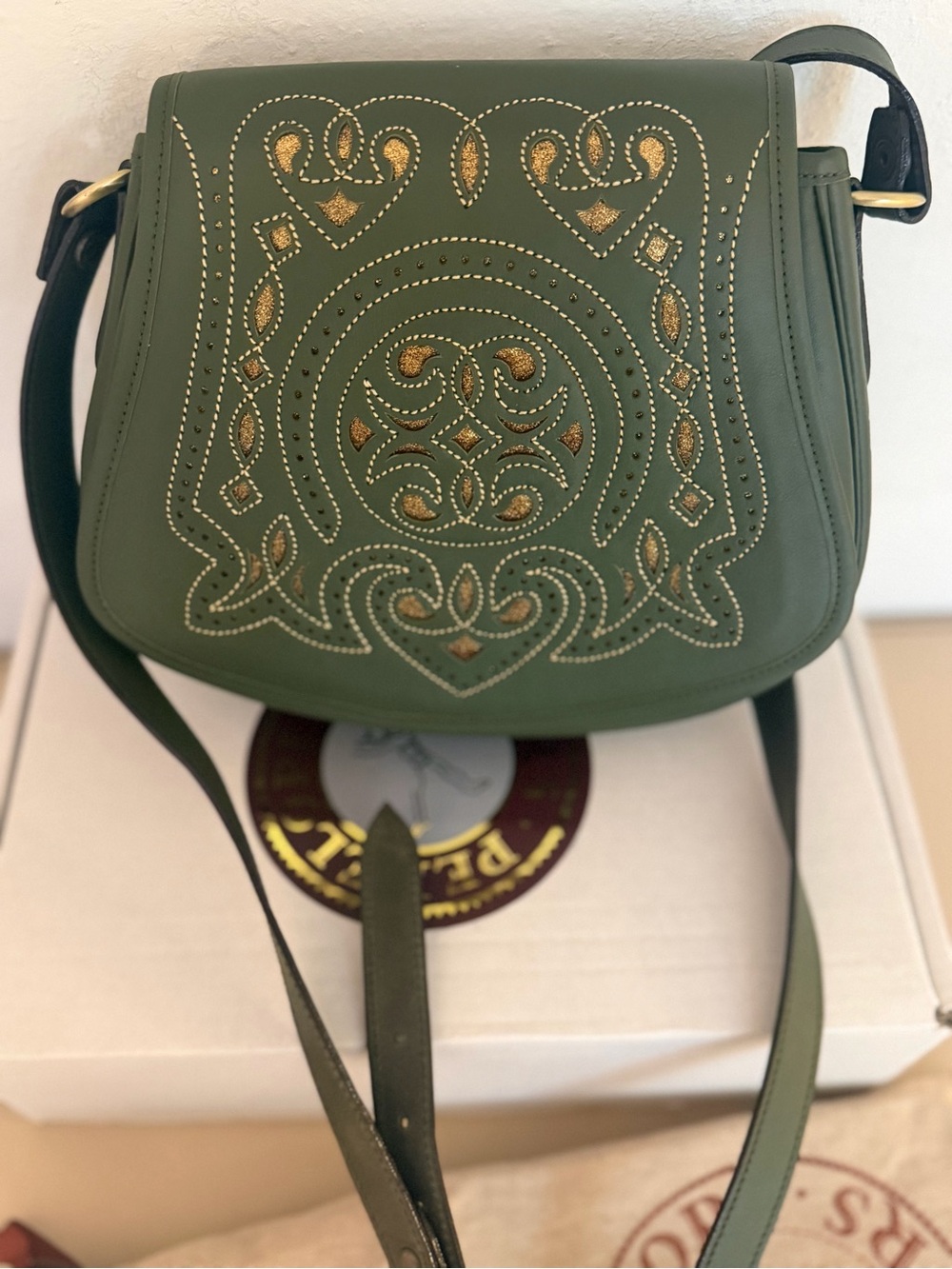 Penelope Chilvers Olive Green Embroidered Leather Crossbody Saddle Bag NWT
